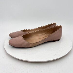 Chloe Lauren Women Size 38 US 8 Cream Leather Scalloped Ballet Flats Shoes